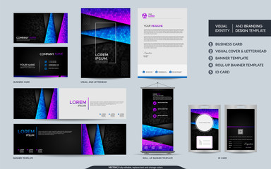 Modern black with blue and purple stationery mock up and visual brand identity set.