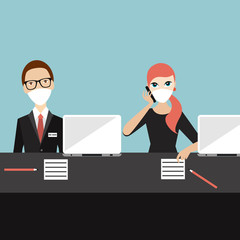Business man and woman in the office wear mask to prevent corona virus. Flat vector.