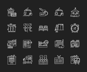 Dormitory chalk white icons set on black background. Communal space. Living accommodations. Hostel, hotel. Shared room. Common bedroom. University campus. Isolated vector chalkboard illustrations