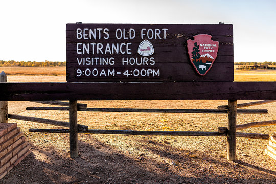 La Junta, USA - October 14, 2019: Sign For Bents Old Fort Visiting Hours Center National Park Service In Colorado Closeup