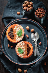 Sweet and tasty cheesecake with almonds made nuts and chocolate
