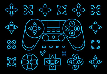 Neon light game ui sign set on black background. Blue arrow cursor icons. Retro 80s console gaming style. Controller keys with direction cross on and off buttons on gamepad. Bright vector illustration