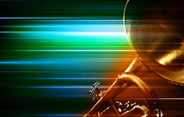 abstract green blur music background with trumpet - obrazy, fototapety, plakaty