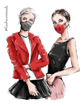 Hand Drawn Two Beautiful Young Women In Ear Loop Face Masks. Fashion Girls. Stylish Women In Masks. Two Girls Wearing Coronavirus Medical Masks. Coronavirus Concept. Fashion Illustration. 