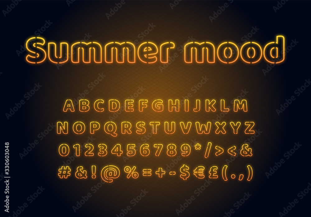 Fototapete summer mood neon light font template. yellow illuminated vector alphabet set. bright capital letters