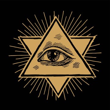 All seeing eye of providence in triangle shape in the star of David and rays vintage occult illustration.