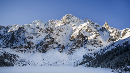 Panorama of the Tatra Mountains on Morskie Oko in winter.