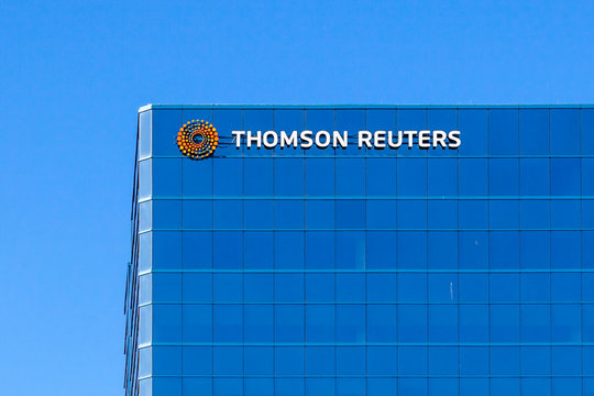 Toronto, Ontario, Canada- March 15, 2020: Thomson Reuters sign on the building in Scarborough, Toronto. Thomson Reuters Corporation is a Canadian multinational media conglomerate.