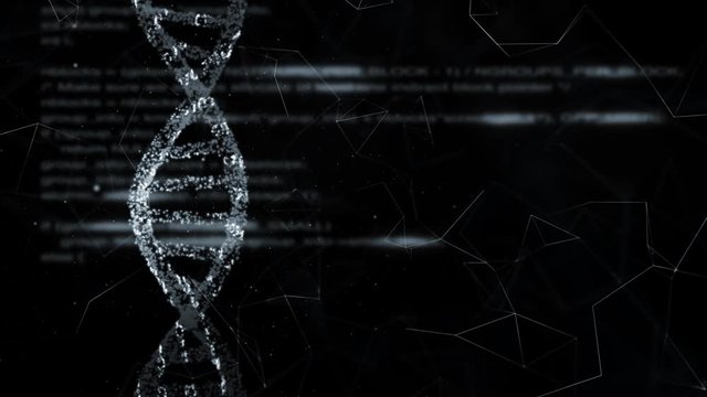 Blurry technology word writing on computer screen with dna structure rotation. Copy space animation background. 