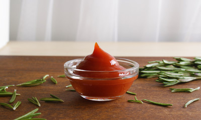 ketchup, tomato sauce in a glass bowl