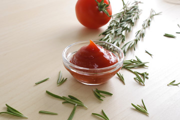 ketchup, tomato sauce in a glass bowl
