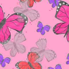 Watercolor drawing pink seamless pattern with multi-colored butterflies. Art illustration. Beautiful fabric. Surface modern texture color