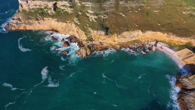 Aerial view of Fuentes Beach, Parque Natural de Oyambre, Municipality of San Vicente de la Barquera, Cantabrian Sea, Cantabria, Spain, Europe