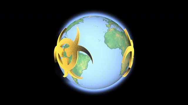 Planet earth surrounded by a symbol of infection and biological threat. Concept of the global threat of a virus epidemic.