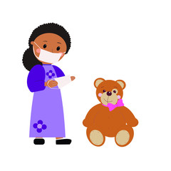 The girl with dark hair in a purple dress in a protective mask.Vector illustration with child and teddy bear.