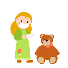 Girl wears a mask.A girl in a green dress with blond hair puts on a mask on a teddy bear. Vector children's illustration