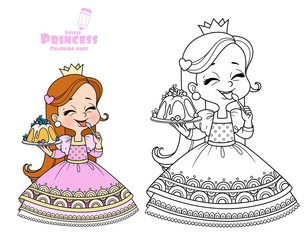 Cute princess holds a cupcake in hand and licks spoon outlined and color for coloring book