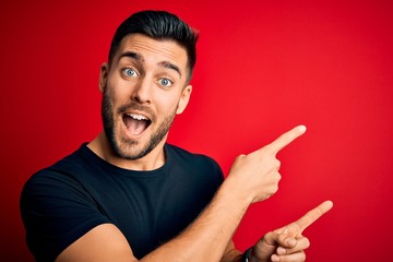 Young handsome man wearing casual black t-shirt standing over isolated red background smiling and...