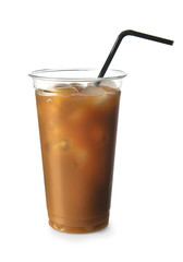 Cup of tasty iced coffee on white background