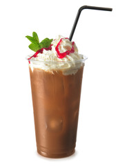 Cup of tasty iced coffee on white background
