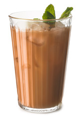 Glass of tasty iced coffee on white background