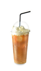 Cup of tasty iced coffee on white background