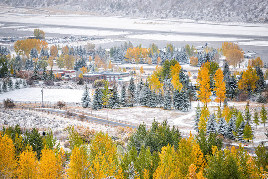 Aspen, Colorado Town In Rocky Mountains Roaring Fork Valley High Angle View Of Airport During Autumn Season And Snow In October 2019