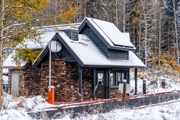 Maroon Bells entrance building fee in white river national forest in Aspen, Colorado USA rocky...