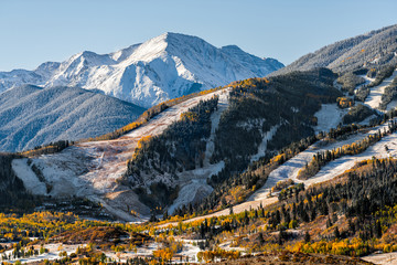 Aspen, Colorado buttermilk or highlands famous ski slope hill peak in rocky mountains view on sunny...