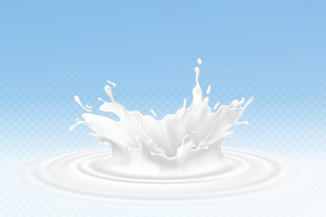 Vector realistic milk or yogurt splashes, flowing cream, abstract white blots, milk isolated on blue background. Design of natural, organic dairy products. Eps 10