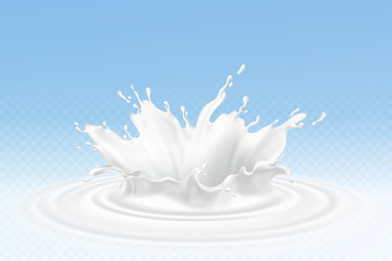 Vector realistic milk or yogurt splashes, flowing cream, abstract white blots, milk isolated on blue background. Design of natural, organic dairy products. Eps 10