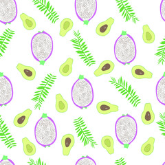 Exotic fruits and tropical leaves seamless pattern. Pitaya, avocado, leaves on a white background.