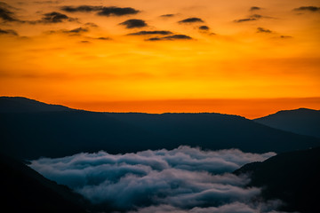 Mountains fog landscape clouds in morning above new river gorge valley in Grandview Overlook, West Virginia during morning colorful sunrise