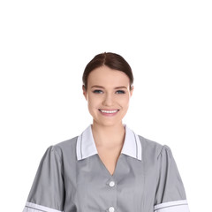 Young chambermaid in uniform on white background