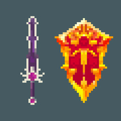 Pixel game icons. 8 bit. Sword and shield