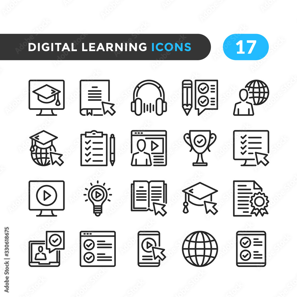 Poster digital learning line icons. outline symbols collection. premium quality. pixel perfect. vector thin