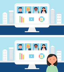 Online School or Office Team Business Meeting, Conference or Class. Stay and Work from Home Concept Vector Illustration.
