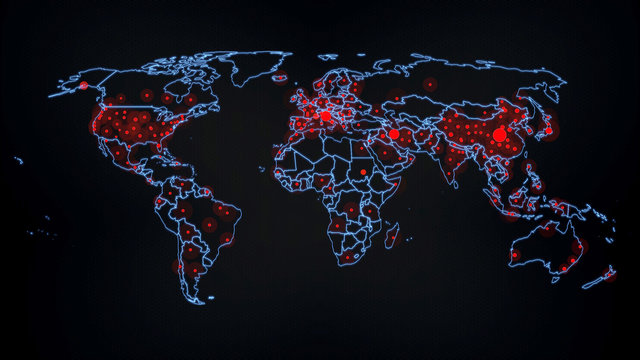 Coronavirus Global Pandemic World Map. Based On Real Data Each Red Dot Represents An Infected City.