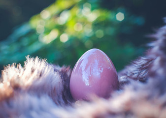 Easter background with Easter eggs. Soft focus, bokeh effect. Happy easter greeting card template in rose color. Top view with copy space. 