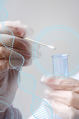 scientist, doctor holds a laboratory test tube and does a test of biological material for DNA,...