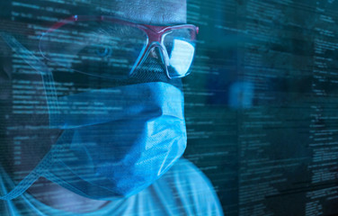 Male research scientist working at his workplace in high tech Research Laboratory. Pharmaceutical &...