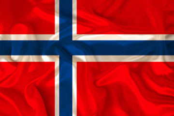 Fototapeta premium photo of the national flag of Norway on a luxurious texture of satin, silk with waves, folds and highlights, close-up, copy space, travel concept, economy and state policy, illustration
