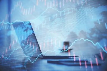 Multi exposure of forex graph and work space with computer. Concept of international online trading.