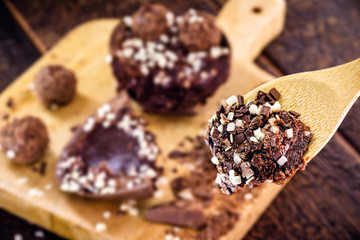 easter egg cut in half and creamy chocolate filling. Creative easter dessert concept