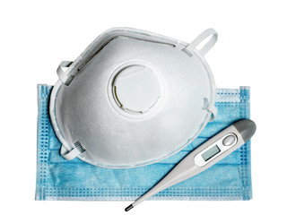 Medical mask Thermometer particulate respirator corona virus protection isolated on a white background