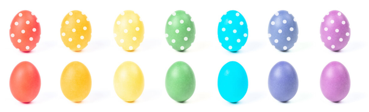 Multi-colored eggs with a pattern isolated on a white background. Easter concept.