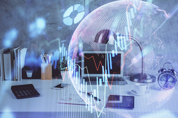 Double exposure of forex graph and work space with computer. Concept of international online trading.