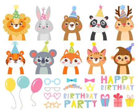 Set of cute animals in holiday caps for greeting card . Kids Birthday party elements. Template. For birthday poster. Cartoon vector illustration