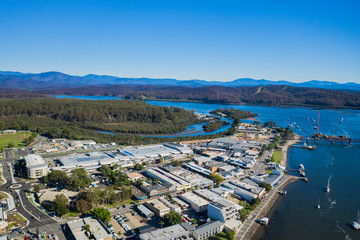 Panoramic aerial drone view of Batemans Bay on the New South Wales South Coast, Australia, looking...