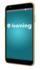 The word  e-learning is on a screen of an electronic device in this illustration about students learning at home when they can not go to school.